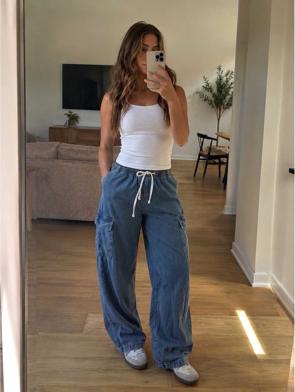 GAP Blue Wide-Leg Cargo Denim Joggers with Drawstring